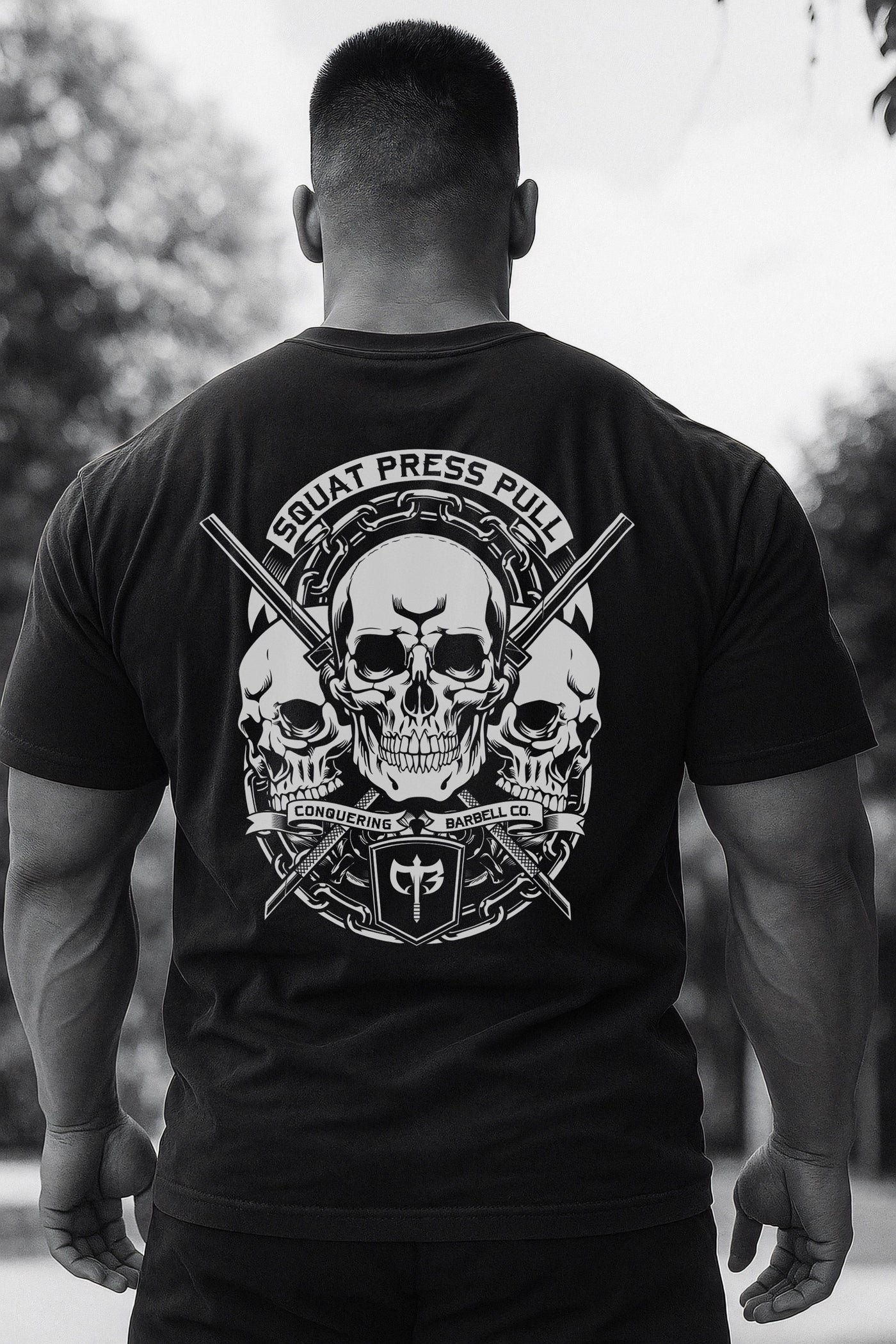 Squat Press Pull - Skulls - Oversized tee - Conquering Barbell