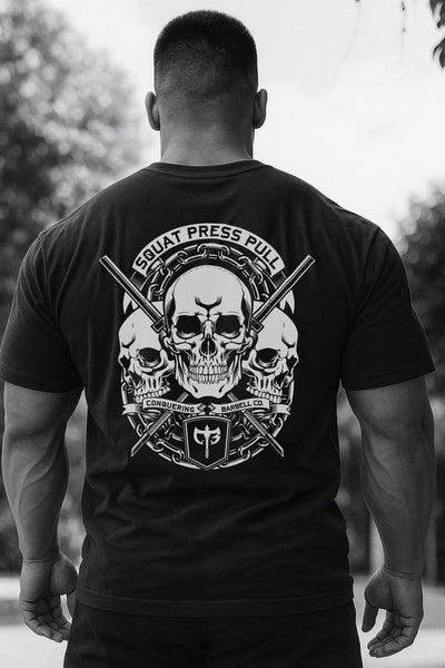 Squat Press Pull - Skulls - Oversized tee - Conquering Barbell