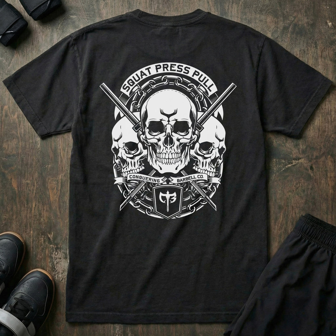 Squat Press Pull Skulls relaxed fit tee in Black