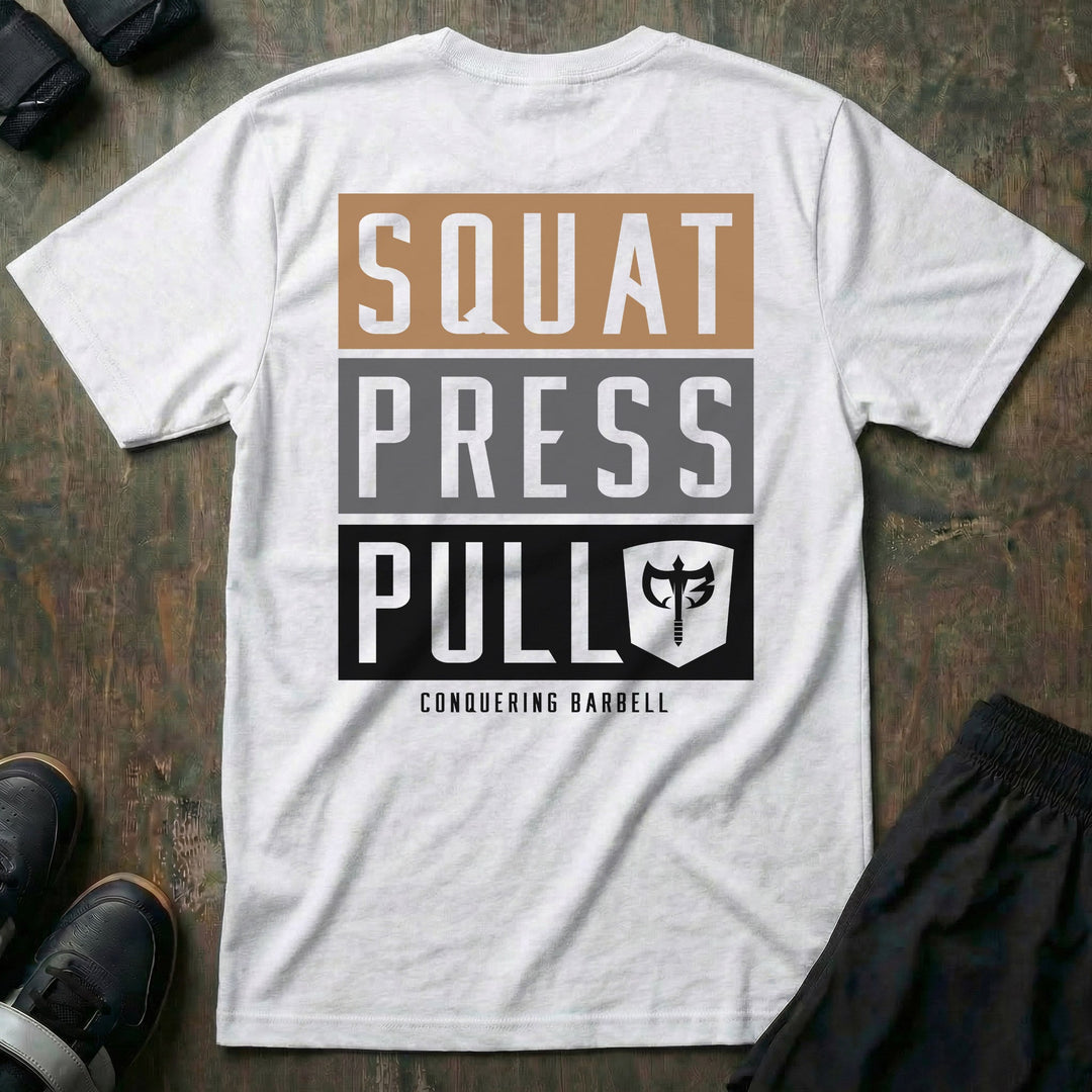 Squat Press Pull® Stack tee in White: SQUAT PRESS PULL stacked in bold layered gold