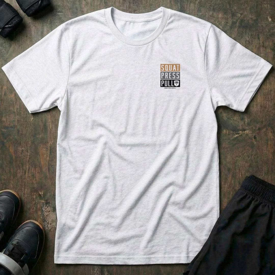 Squat Press Pull® Stack tee: SQUAT PRESS PULL stacked in bold layered gold