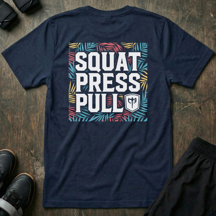 Squat Press Pull Tropical tee in Navy: SQUAT PRESS PULL stacked in bold white block letters with the CB shield