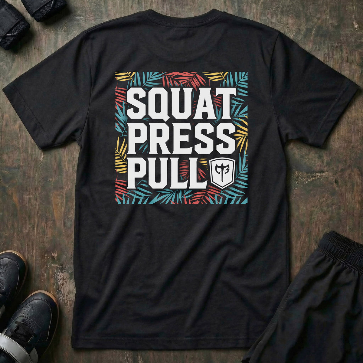 Squat Press Pull Tropical tee in Black: SQUAT PRESS PULL stacked in bold white block letters with the CB shield
