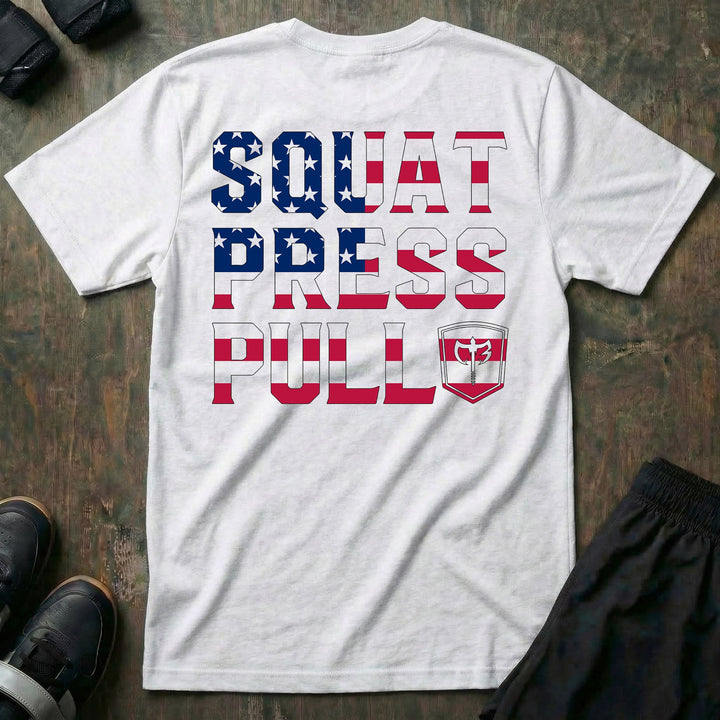 Squat Press Pull USA Flag tee in White: SQUAT PRESS PULL stacked in massive block lettering