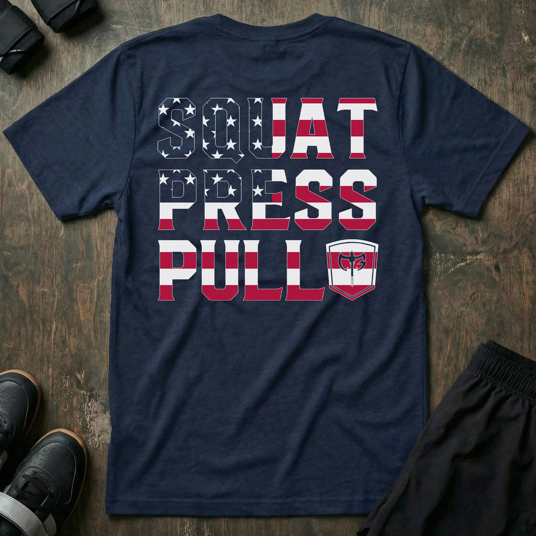 Squat Press Pull USA Flag tee in Navy: SQUAT PRESS PULL stacked in massive block lettering