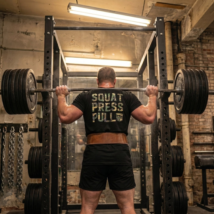 Squat Press Pull® tee in Black: SQUAT PRESS PULL in oversized woodland camo lettering stacked down the back