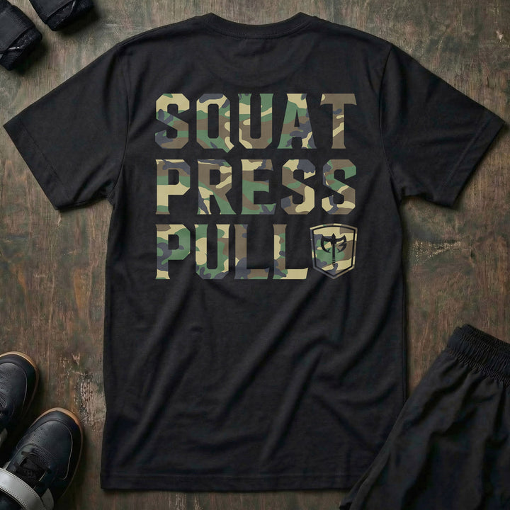 Squat Press Pull® tee in Black: SQUAT PRESS PULL in oversized woodland camo lettering stacked down the back