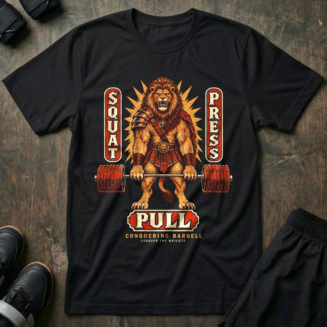 Squat Press Pull - Tee front graphic in Black with a roaring lion gladiator in armor at deadlift lockout - Conquering Barbell