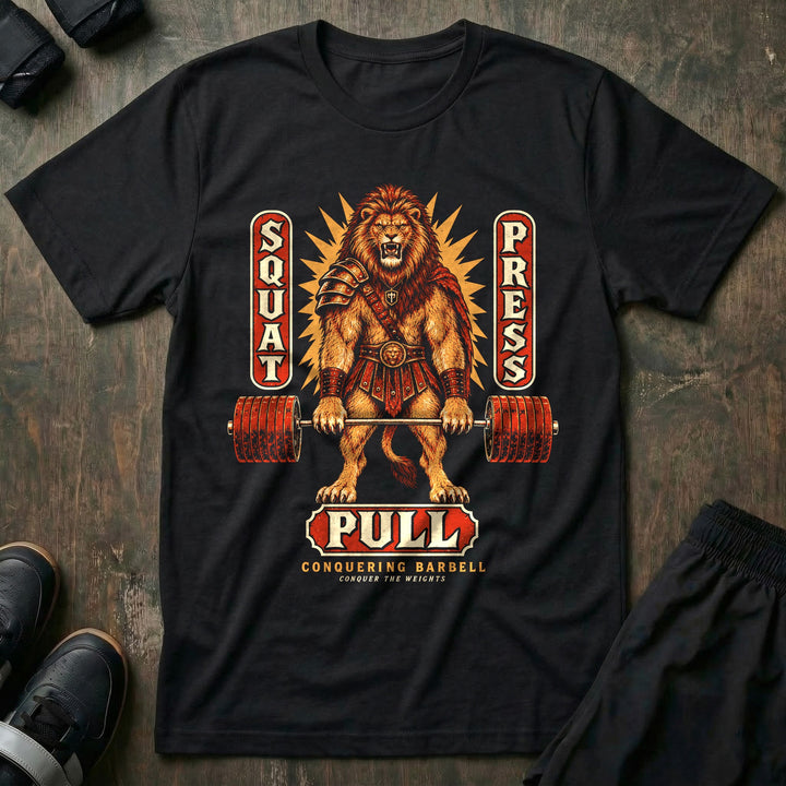 Squat Press Pull - Tee front graphic in Black with a roaring lion gladiator in armor at deadlift lockout - Conquering Barbell