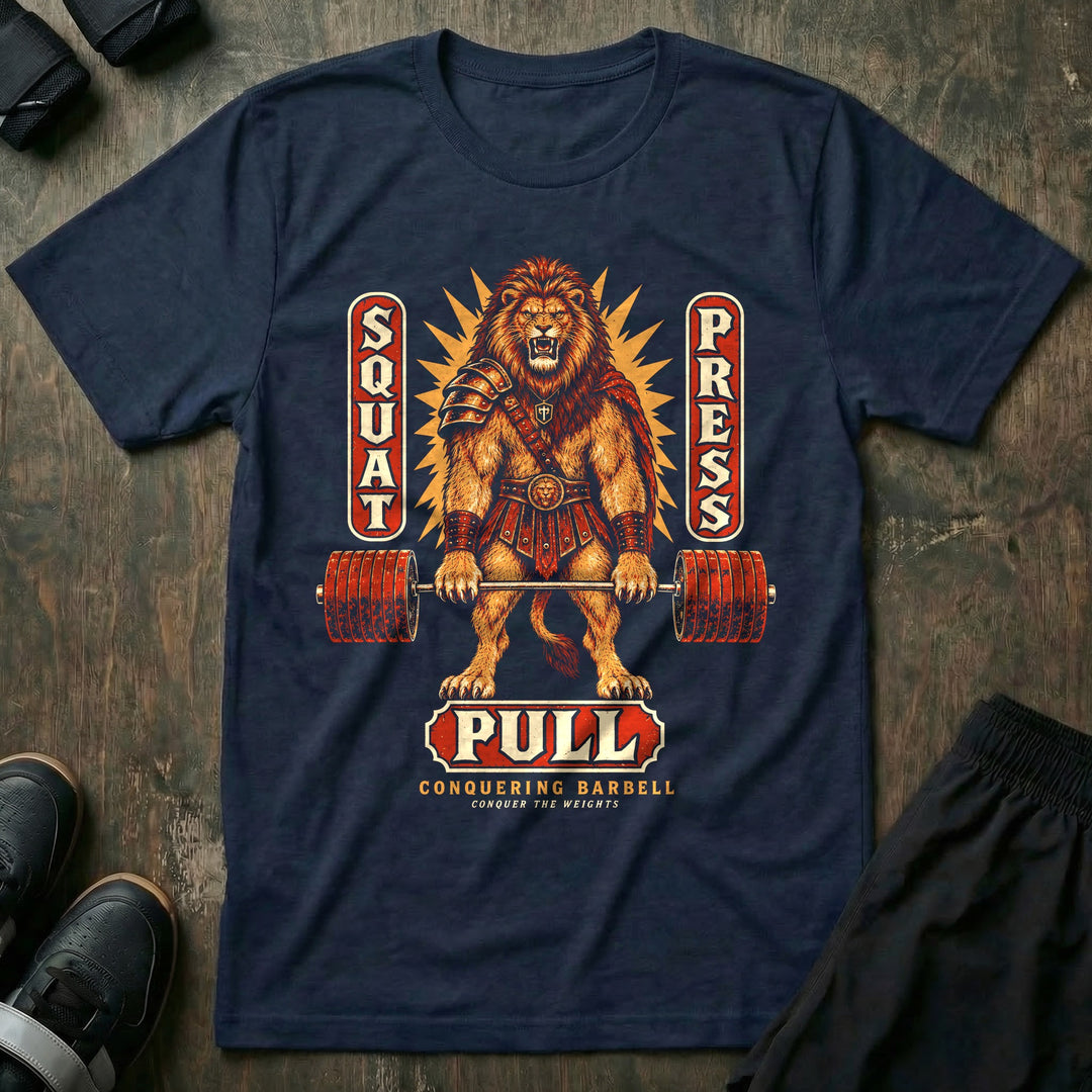 Squat Press Pull - Tee front graphic in Navy with a roaring lion gladiator in armor at deadlift lockout - Conquering Barbell