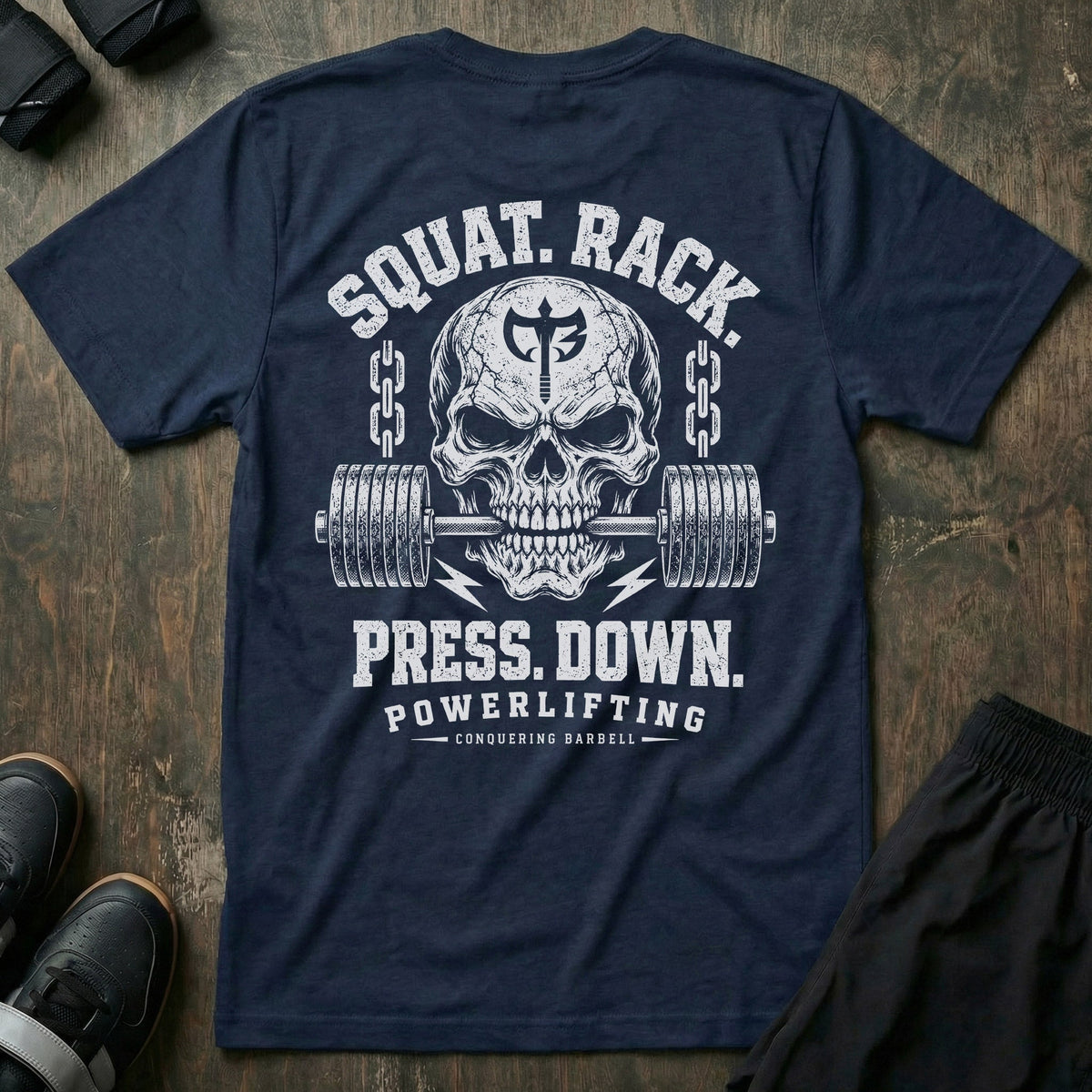 Squat. Rack. Press. Down. tee in Navy: a skull with the CB shield biting down on a barbell between chains