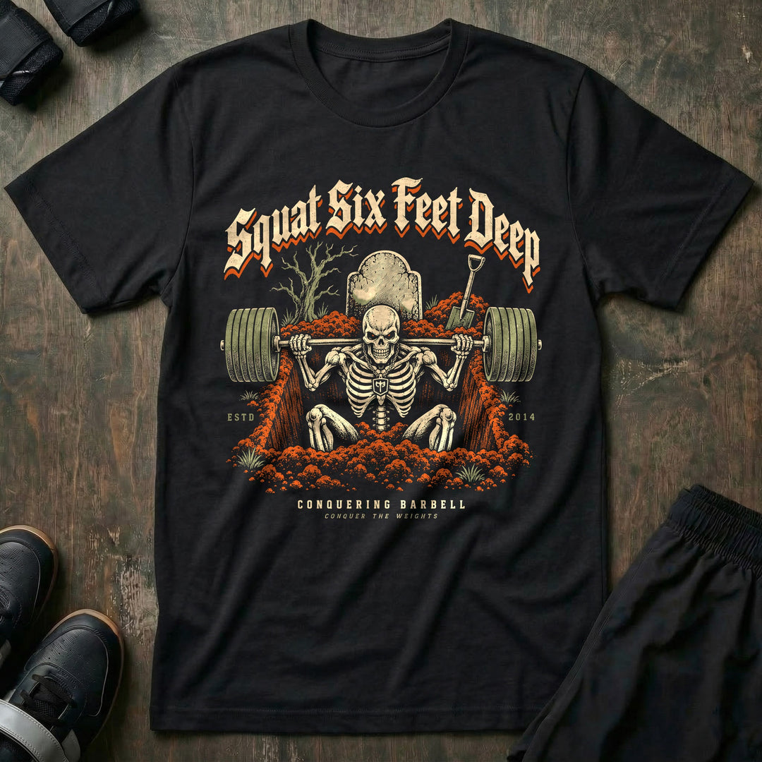 Squat Six Feet Deep - Tee front graphic in Black with a skeleton squatting a loaded barbell inside an open grave - Conquering Barbell
