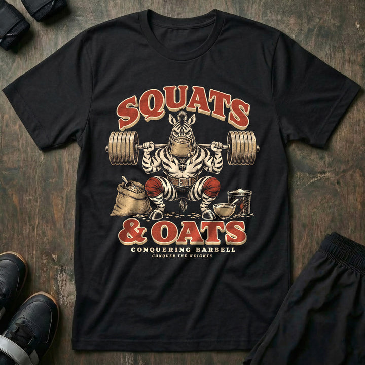 Squats and Oats - Tee front graphic in Black with a zebra wearing a feedbag in a deep barbell squat beside a sack of oats - Conquering Barbell