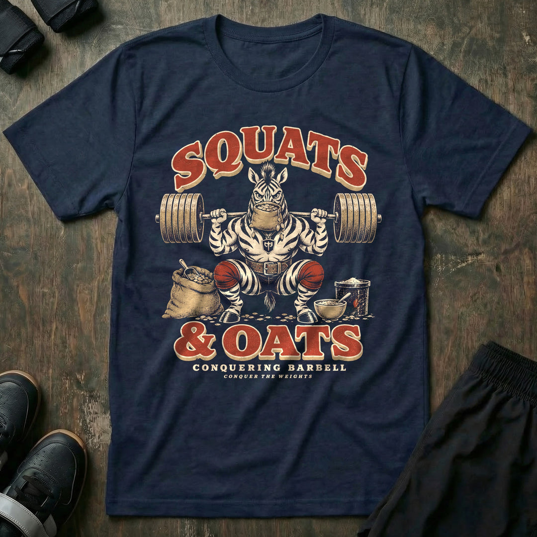 Squats and Oats - Tee front graphic in Navy with a zebra wearing a feedbag in a deep barbell squat beside a sack of oats - Conquering Barbell