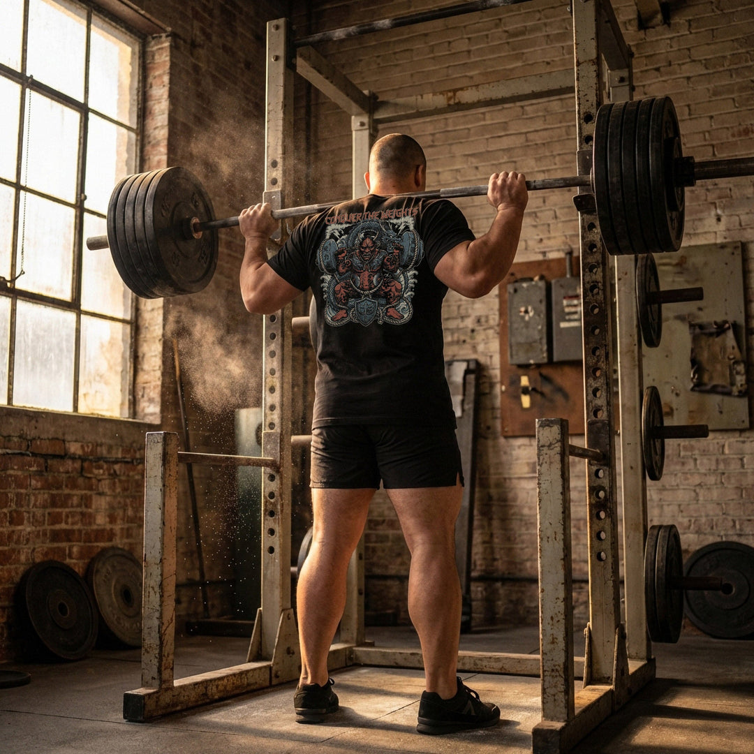Squatting Oni - Powerlifting on Black Tee - Conquering Barbell