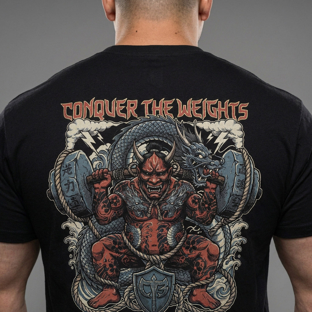 Squatting Oni - Powerlifting on Black Tee - Conquering Barbell
