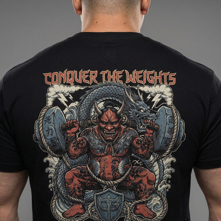 Squatting Oni - Powerlifting on Black Tee - Conquering Barbell