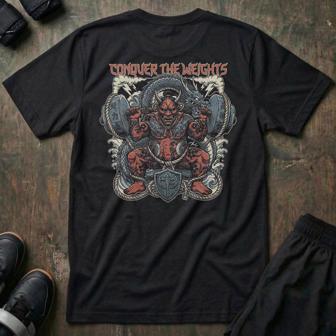 Squatting Oni - Powerlifting on Black Tee - Conquering Barbell