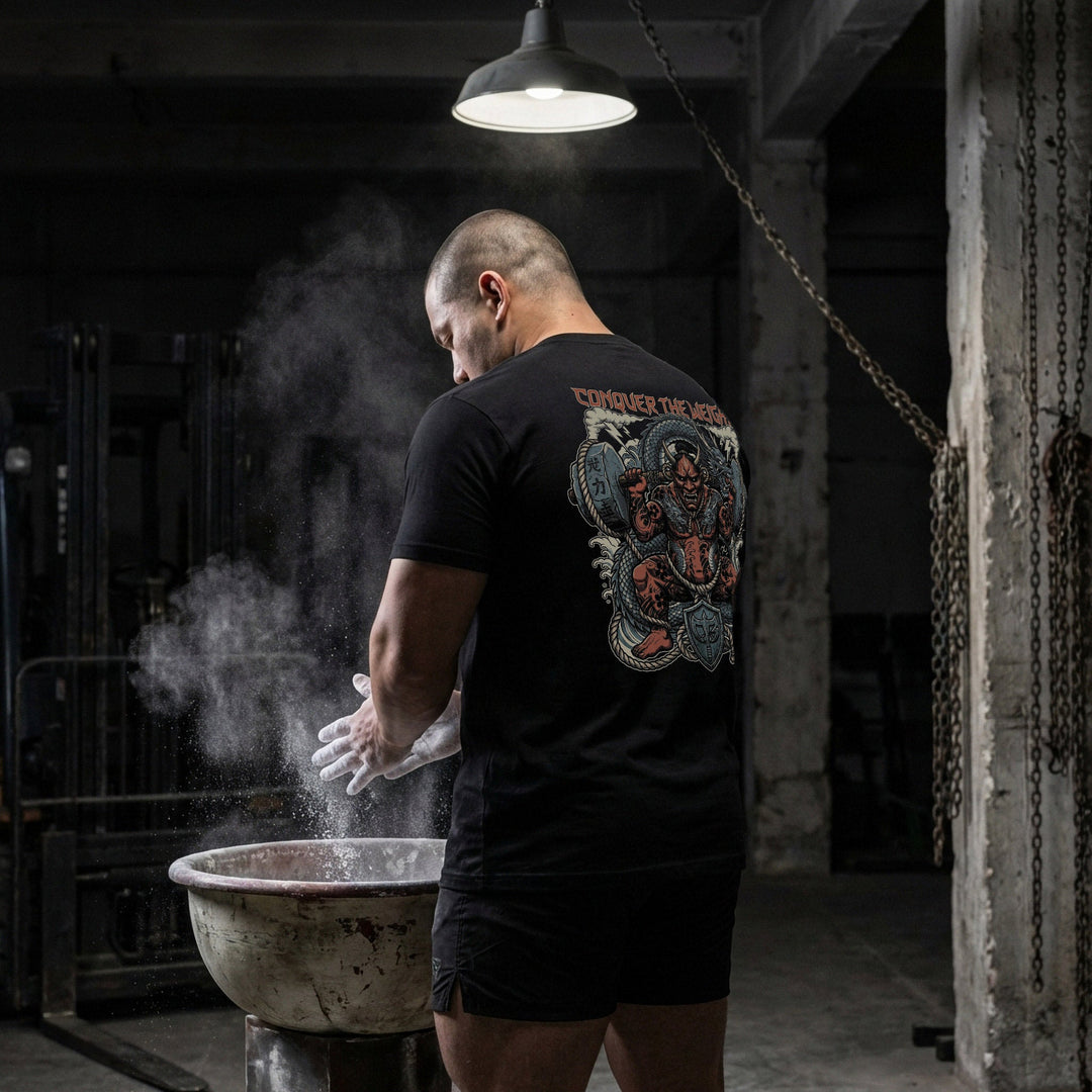 Squatting Oni - Powerlifting on Black Tee - Conquering Barbell