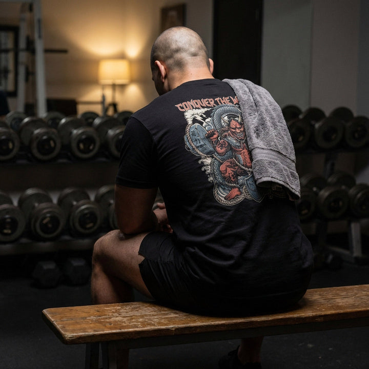Squatting Oni - Powerlifting on Black Tee - Conquering Barbell