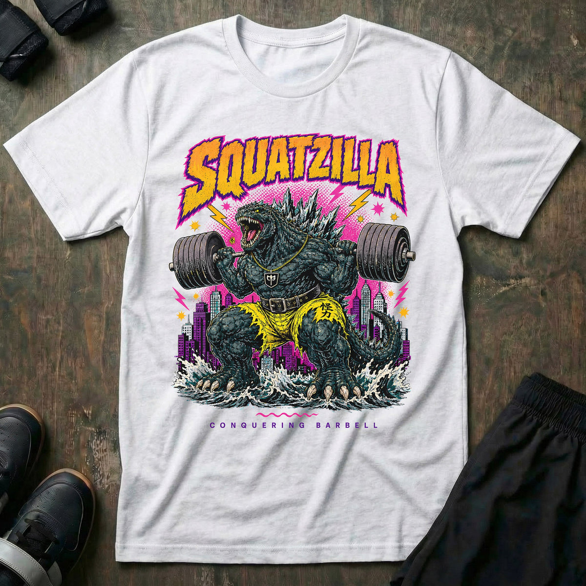 Squatzilla tee in White: a massive kaiju monster with a gold chain swinging