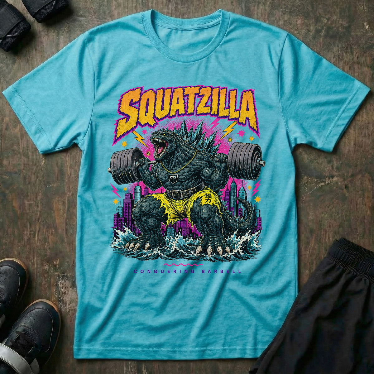 Squatzilla tee in Tahiti: a massive kaiju monster with a gold chain swinging