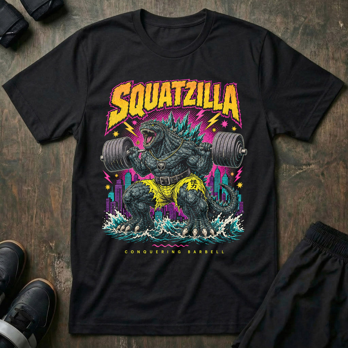 Squatzilla tee in Black: a massive kaiju monster with a gold chain swinging