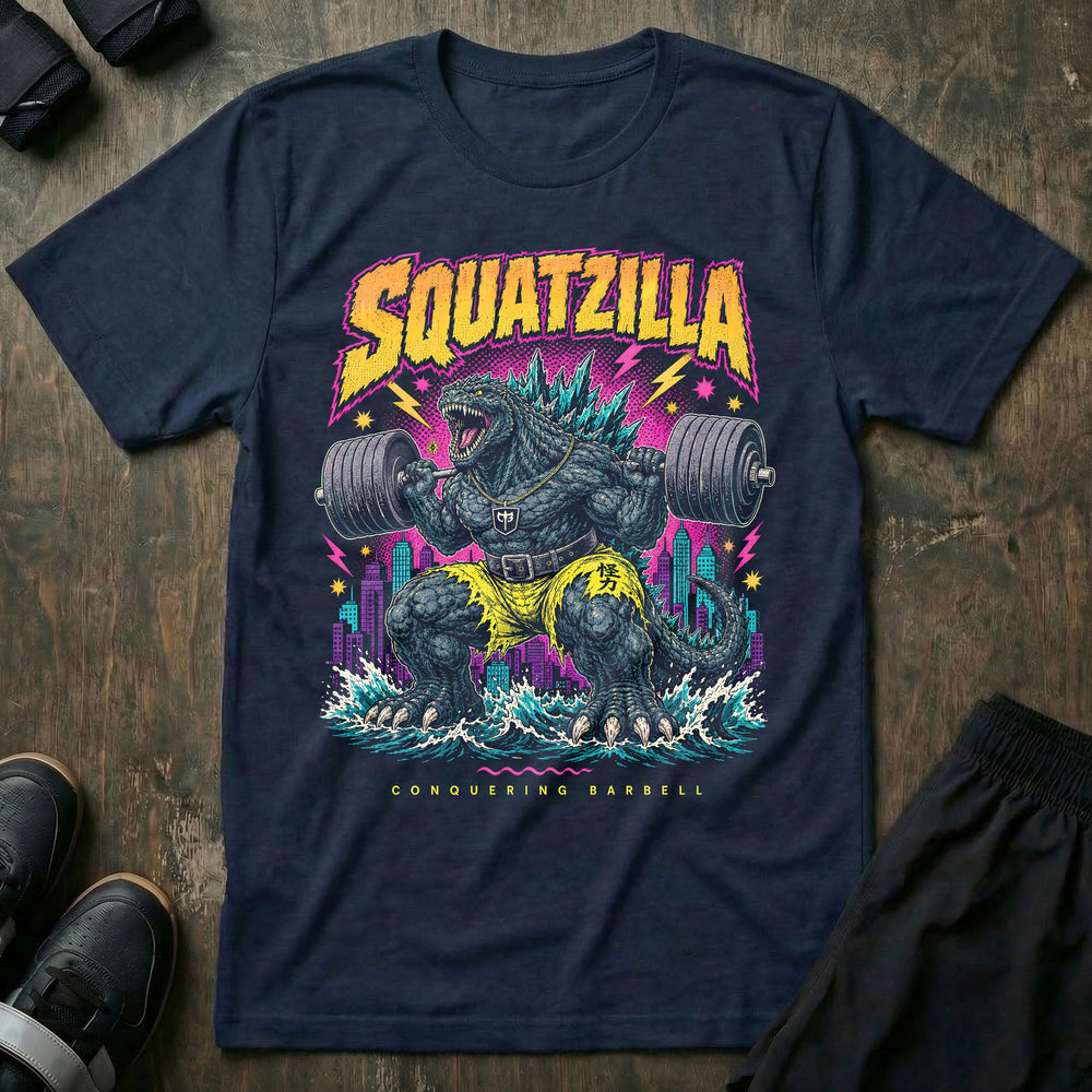 Squatzilla tee in Navy: a massive kaiju monster with a gold chain swinging