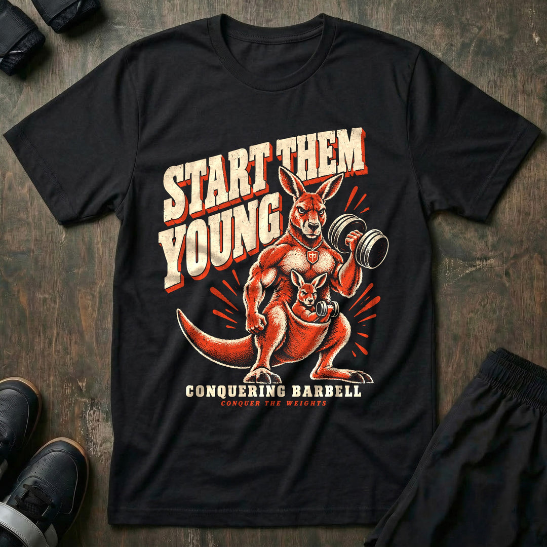 Start Them Young - Tee front graphic in Black with a muscular kangaroo curling a dumbbell while the joey in the pouch curls a tiny one - Conquering Barbell