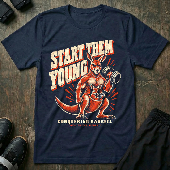 Start Them Young - Tee front graphic in Navy with a muscular kangaroo curling a dumbbell while the joey in the pouch curls a tiny one - Conquering Barbell
