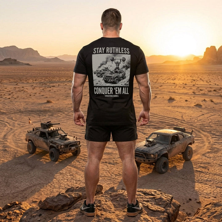 Stay Ruthless tee in Black: a skeleton warrior pressing a massive barbell overhead atop a war rig