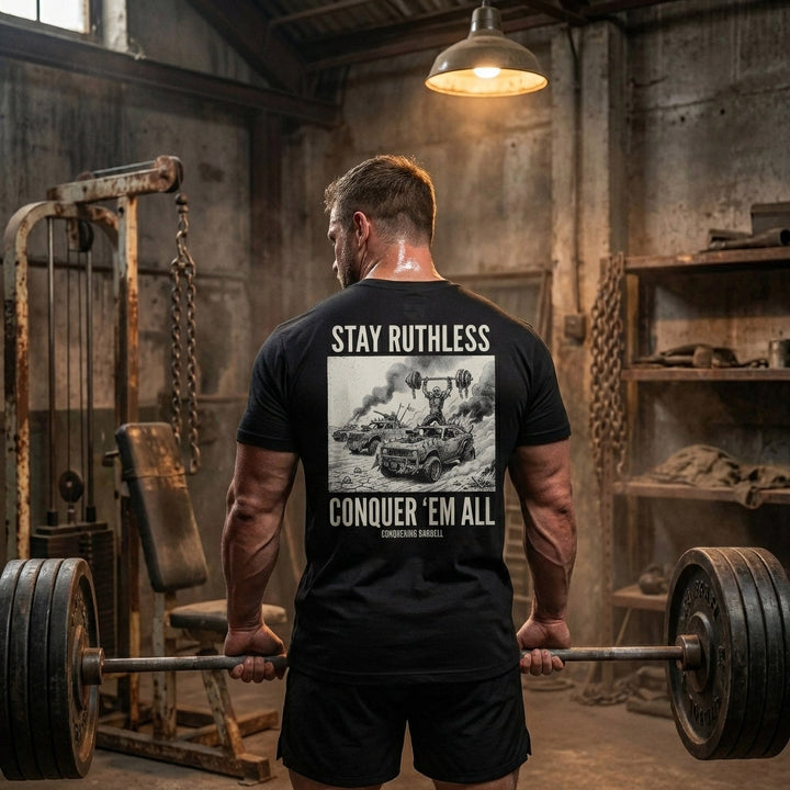 Stay Ruthless tee in Black: a skeleton warrior pressing a massive barbell overhead atop a war rig