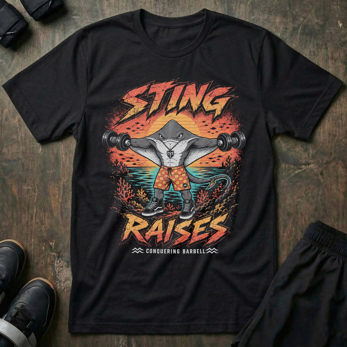 Sting Raises tee in Black: a jacked stingray in plaid shorts and skate shoes lateral raising two heavy dumbbells