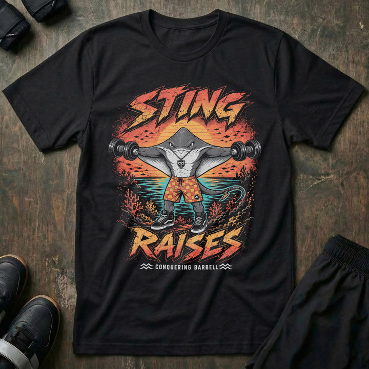 Sting Raises tee in Black: a jacked stingray in plaid shorts and skate shoes lateral raising two heavy dumbbells