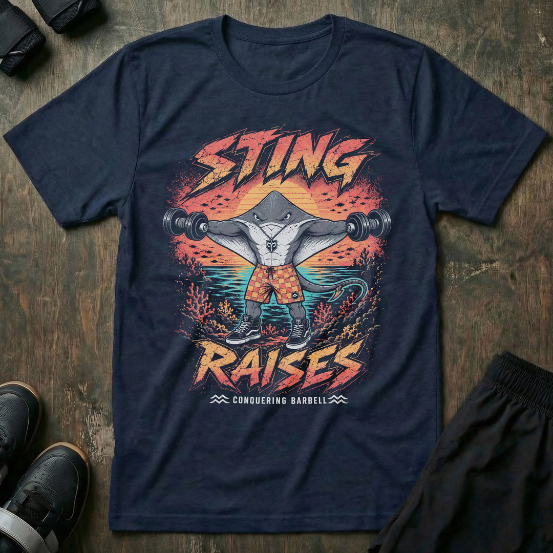 Sting Raises tee in Navy: a jacked stingray in plaid shorts and skate shoes lateral raising two heavy dumbbells