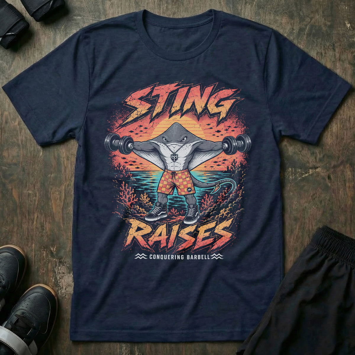 Sting Raises tee in Navy: a jacked stingray in plaid shorts and skate shoes lateral raising two heavy dumbbells