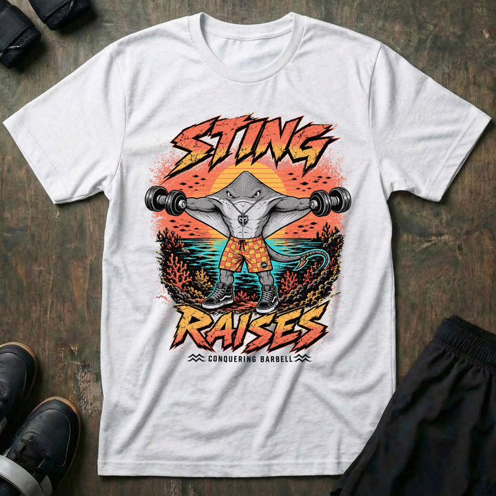 Sting Raises tee in White: a jacked stingray in plaid shorts and skate shoes lateral raising two heavy dumbbells