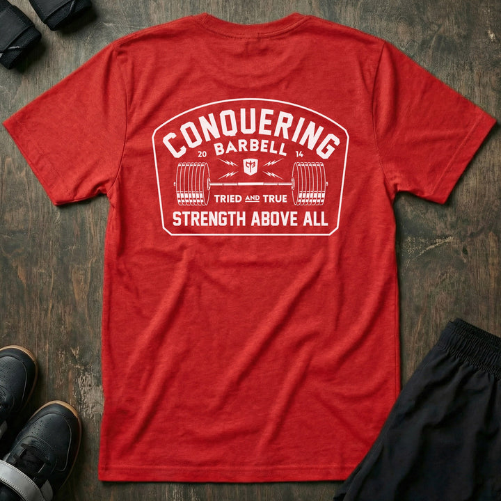 Strength Above All -Badge tee in Red: a vintage-style badge