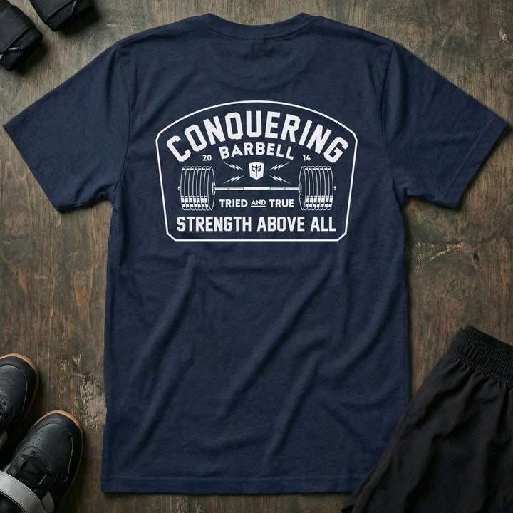 Strength Above All -Badge tee in Navy: a vintage-style badge