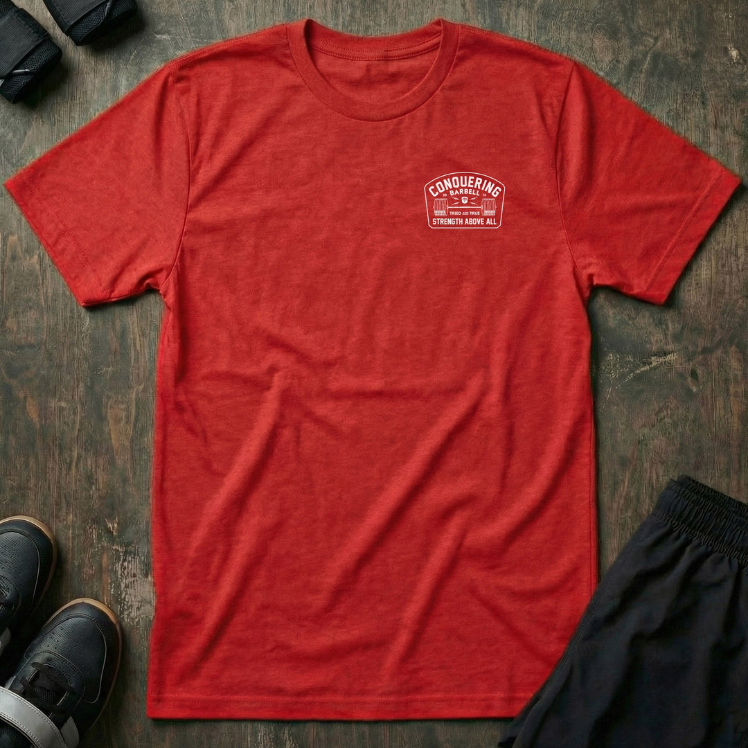 Strength Above All -Badge tee: a vintage-style badge