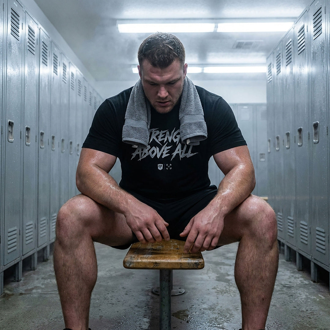 Strength Above All V2 tee in Black: STRENGTH ABOVE ALL in raw white brush lettering with small CB marks below