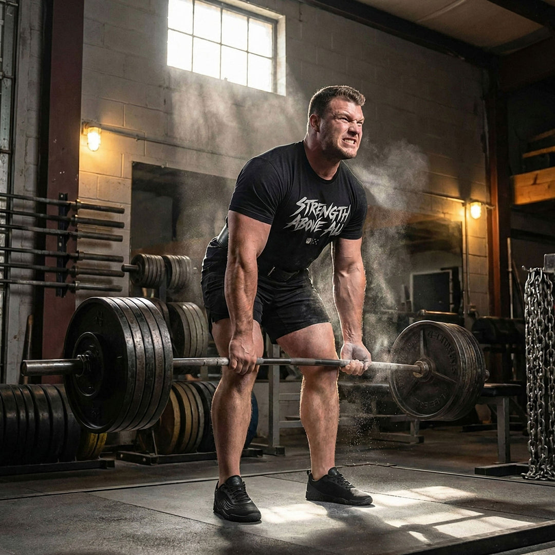 Strength Above All V2 tee in Black: STRENGTH ABOVE ALL in raw white brush lettering with small CB marks below