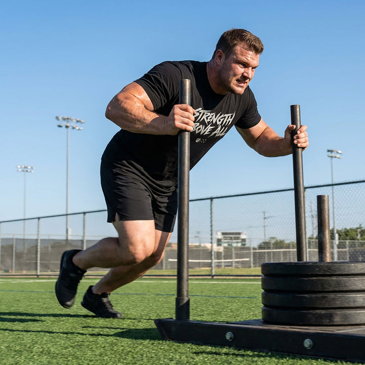 Strength Above All V2 tee in Black: STRENGTH ABOVE ALL in raw white brush lettering with small CB marks below