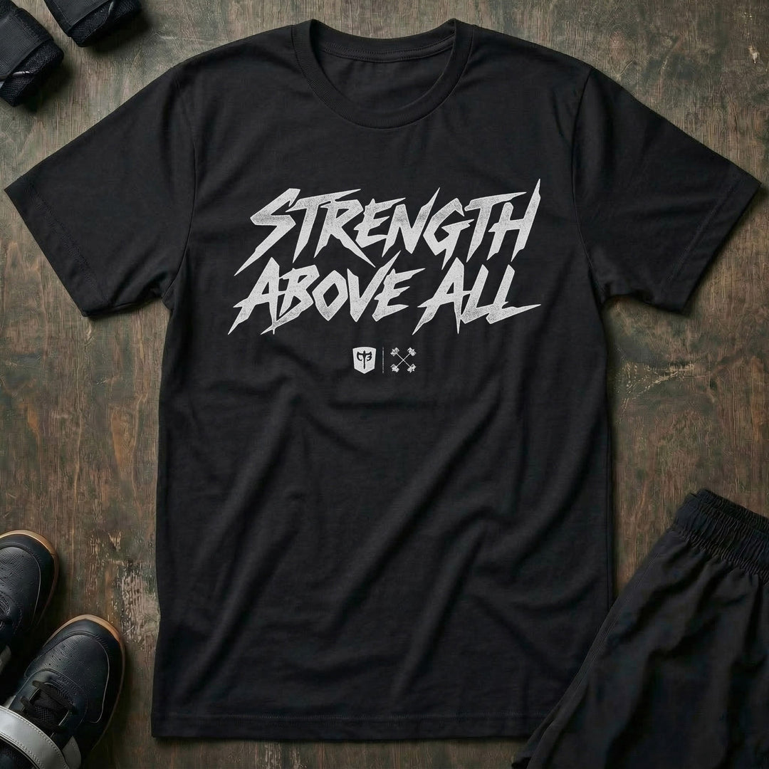 Strength Above All V2 tee in Black: STRENGTH ABOVE ALL in raw white brush lettering with small CB marks below