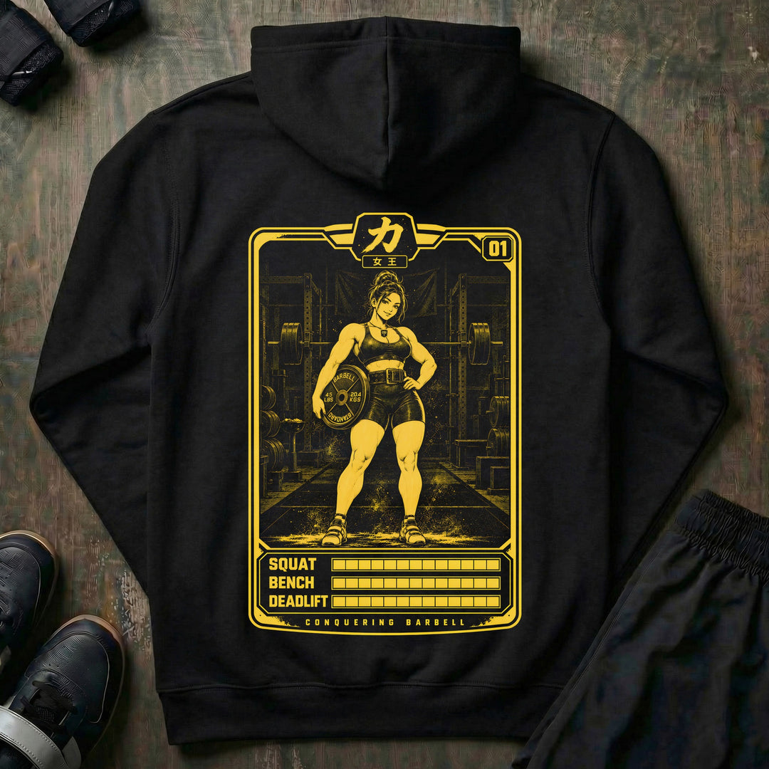 Strength Card pullover hoodie in Black: an anime lifter trading card with maxed-out SQUAT BENCH DEADLIFT stats in yellow