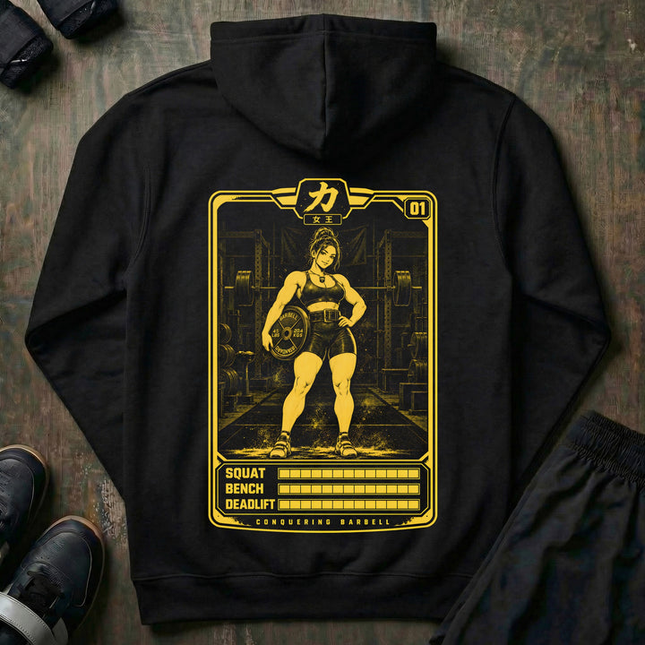 Strength Card pullover hoodie in Black: an anime lifter trading card with maxed-out SQUAT BENCH DEADLIFT stats in yellow