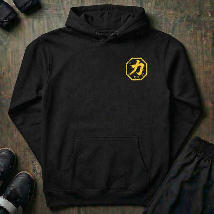 Strength Card pullover hoodie in Black, left chest: yellow strength kanji badge