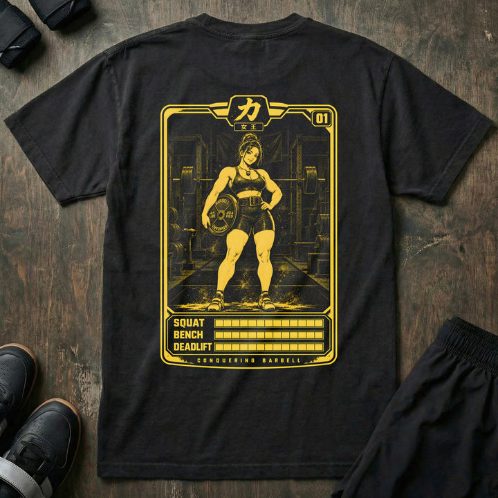 Strength Card relaxed fit tee in Black: an anime lifter trading card with maxed-out SQUAT BENCH DEADLIFT stats in yellow