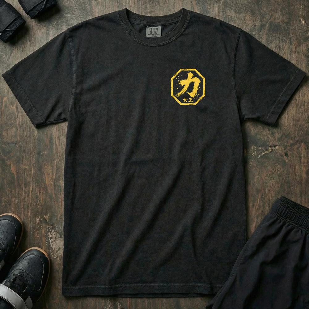 Strength Card relaxed fit tee in Black, left chest: yellow strength kanji badge