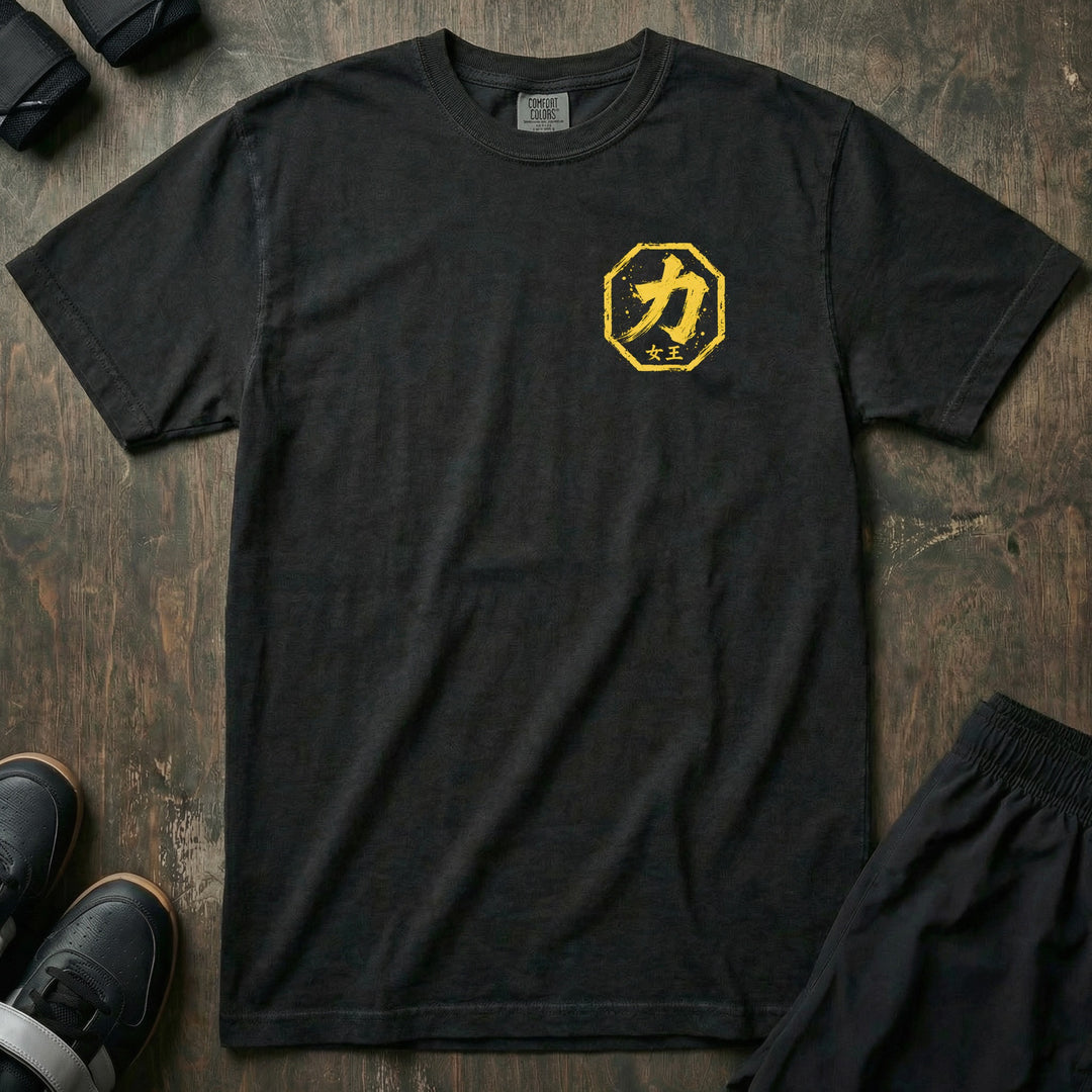 Strength Card relaxed fit tee in Black, left chest: yellow strength kanji badge